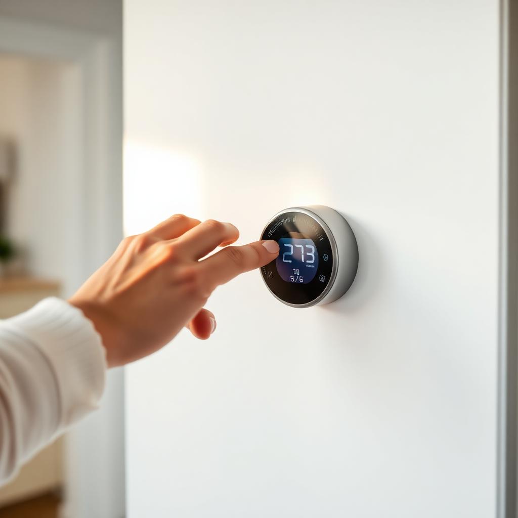 Hand adjusting a modern round smart thermostat on a clean wall