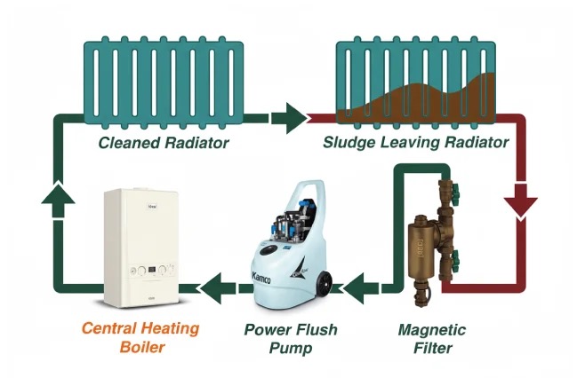 Diagram showing how a power flush works: central heating boiler, power flush pump, magnetic filter, and flow direction between cleaned and sludge-filled radiators