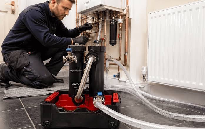 Professional power flush pump and magnetic filter connected to a modern UK combi boiler
