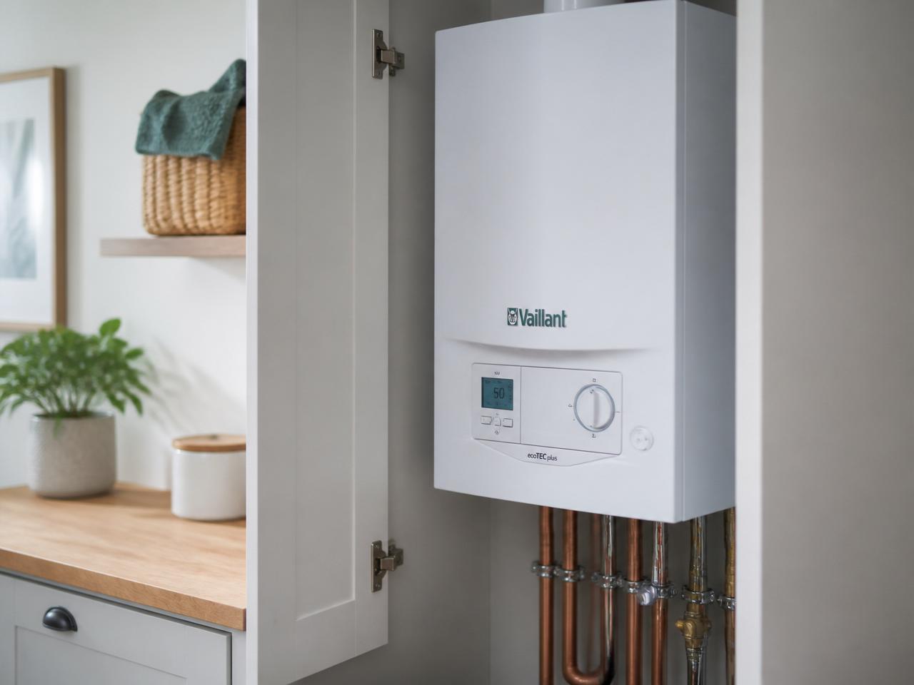 Modern A-rated condensing gas combi boiler with chrome pipework